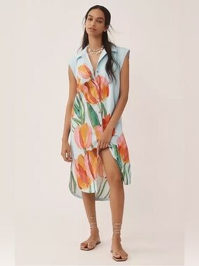 NWT Maeve by Anthropology the Lillian XS Blue Tulip Cup-sleeve Midi Button Dress